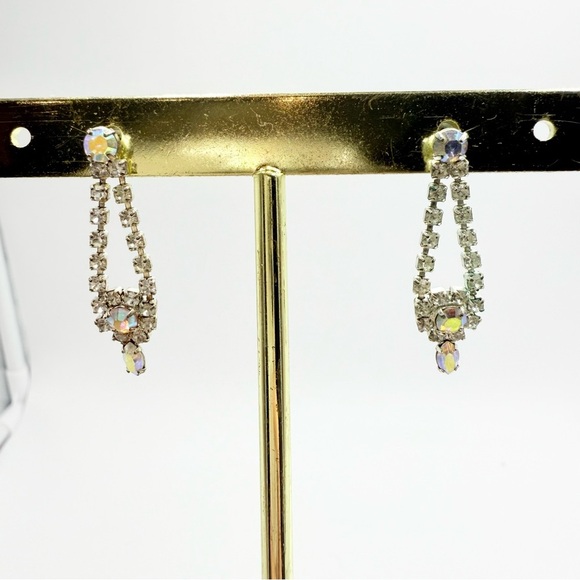 Vintage AB Crystal Rhinestone Silver Tone Dangle Drop Earrings - Picture 3 of 5